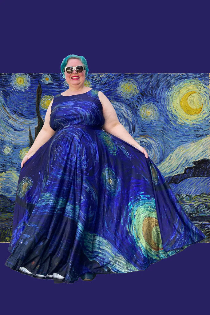 plus size woman wearing sleeveless maxi dress with starry night van gogh design
