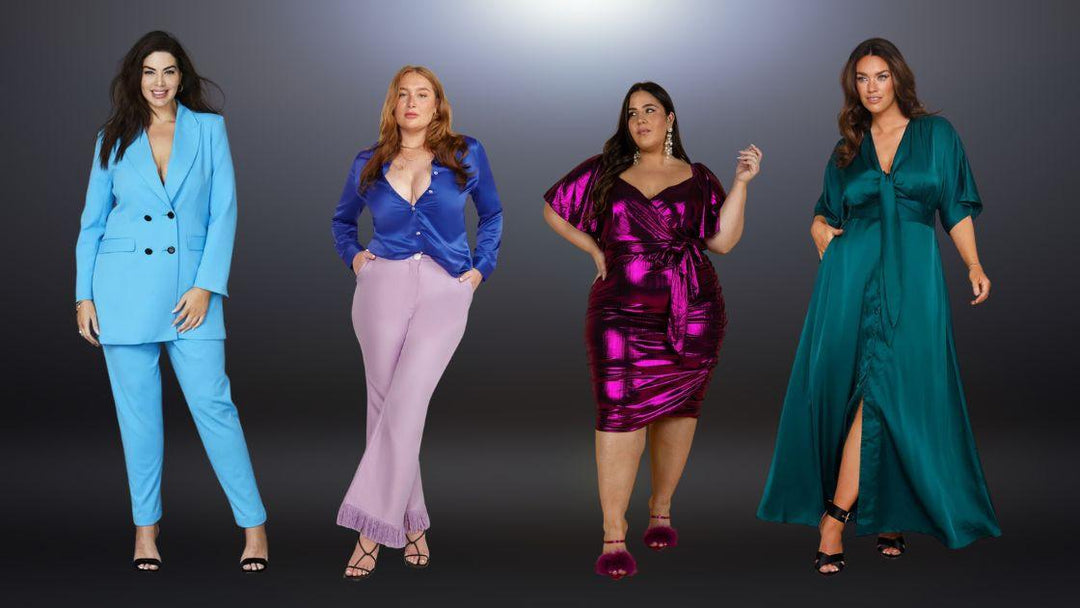 Four plus size models wearing bright statement outfits