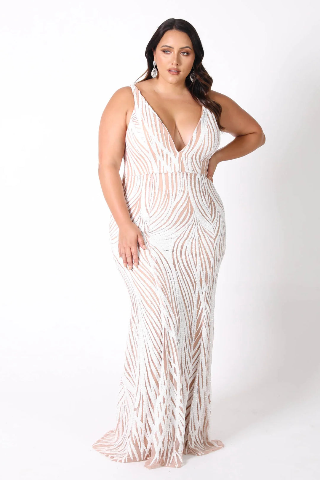 plus size woman wearing fitted sleeveless maxi body con gown