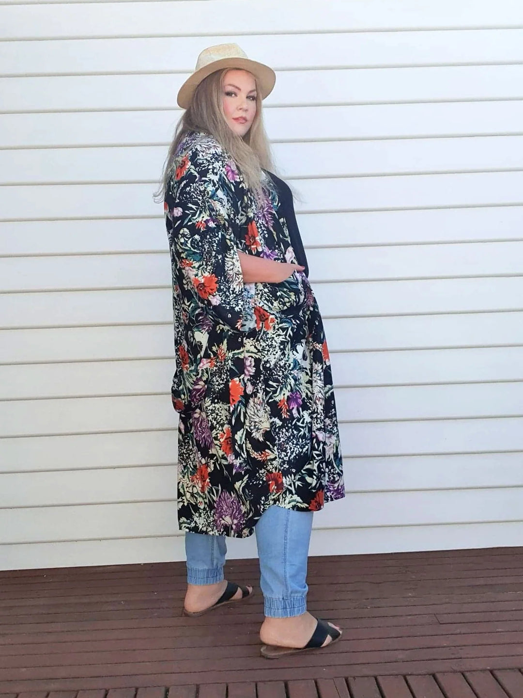 woman wearing floral print midi kimono